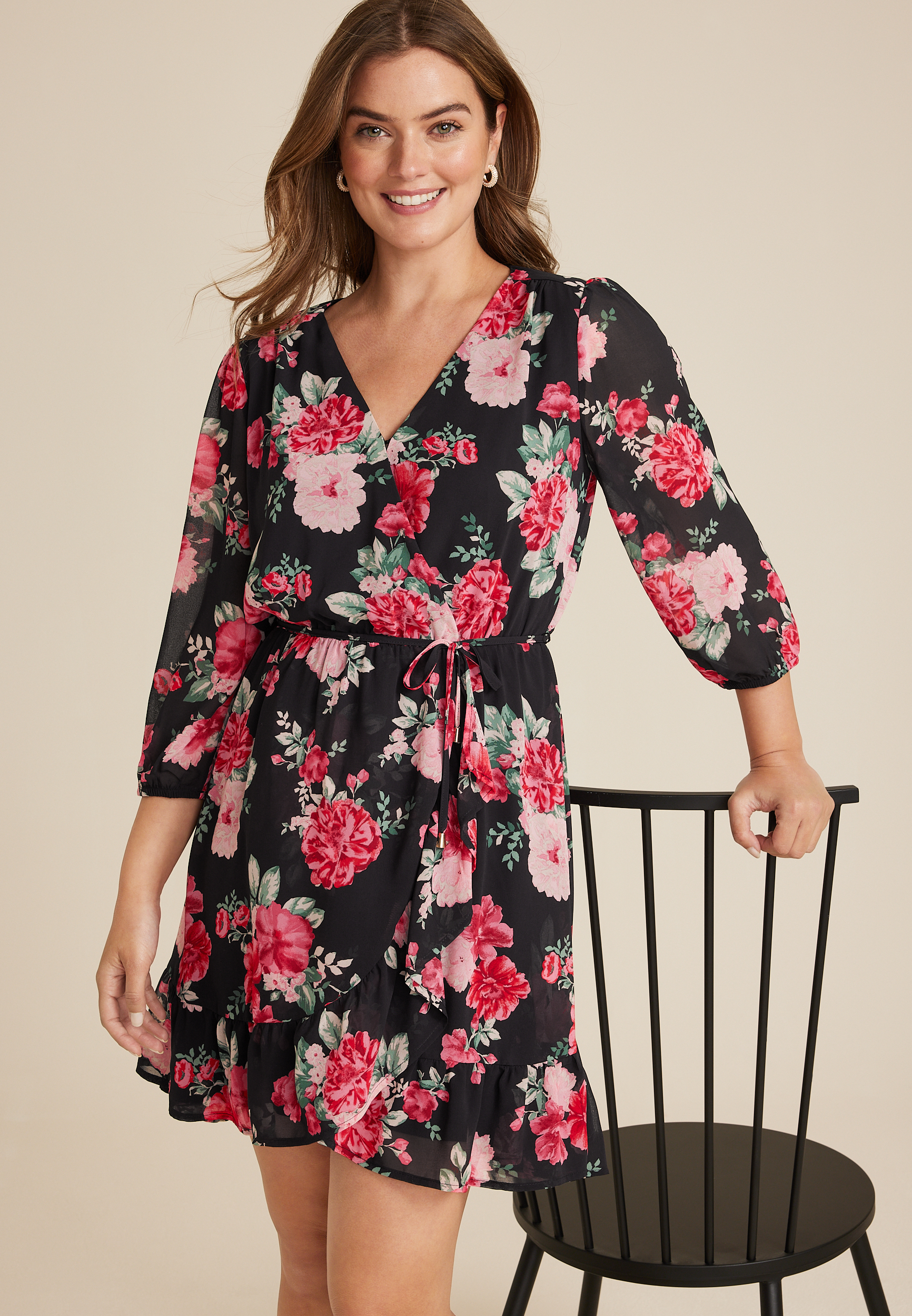 Floral Wrap Skater Dress, BLACK COMBO, large