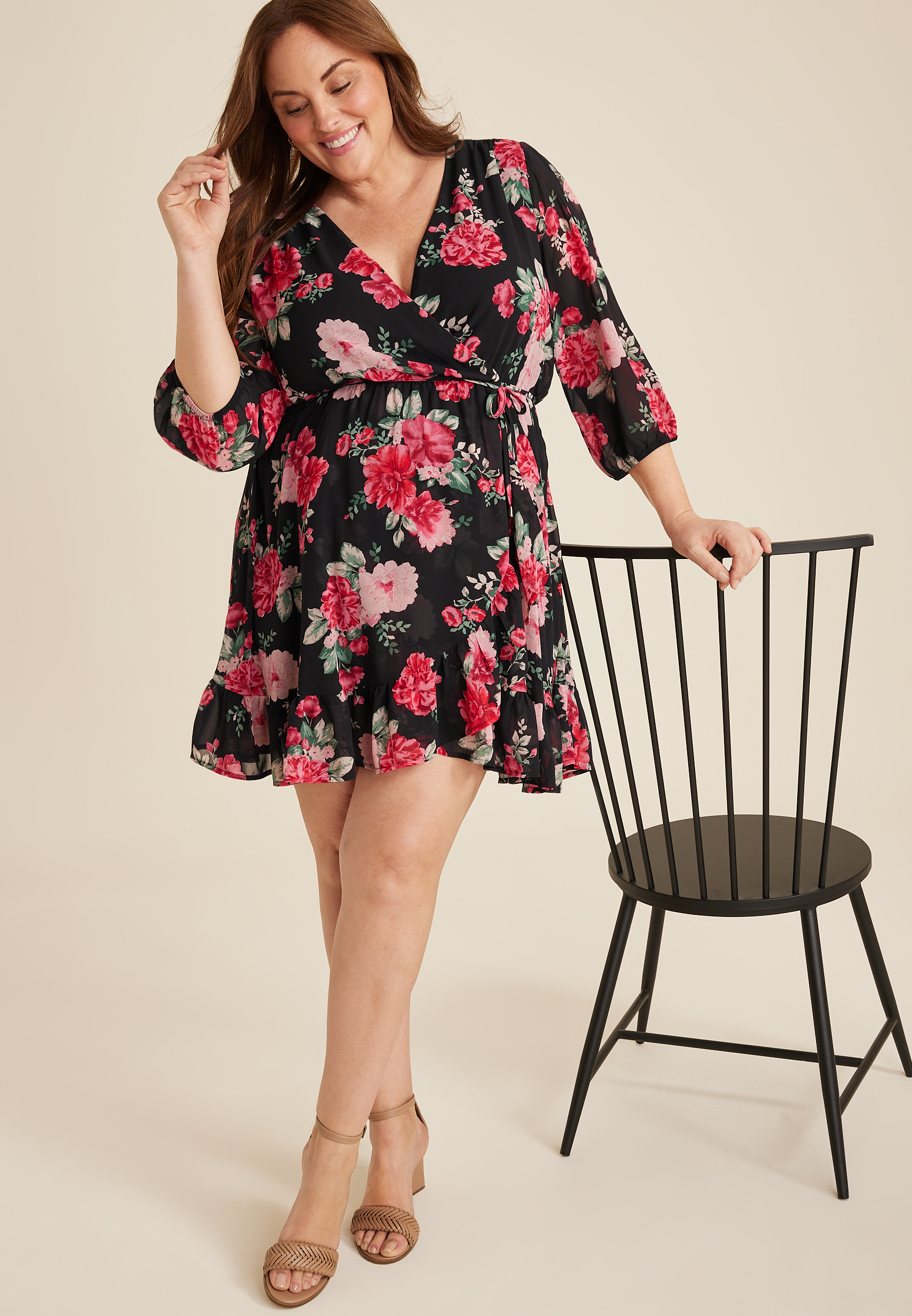 Plus Size Floral Wrap Skater Dress, C1756, large