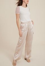 Satin High Rise Cargo Wide Leg Pant, C4681, small