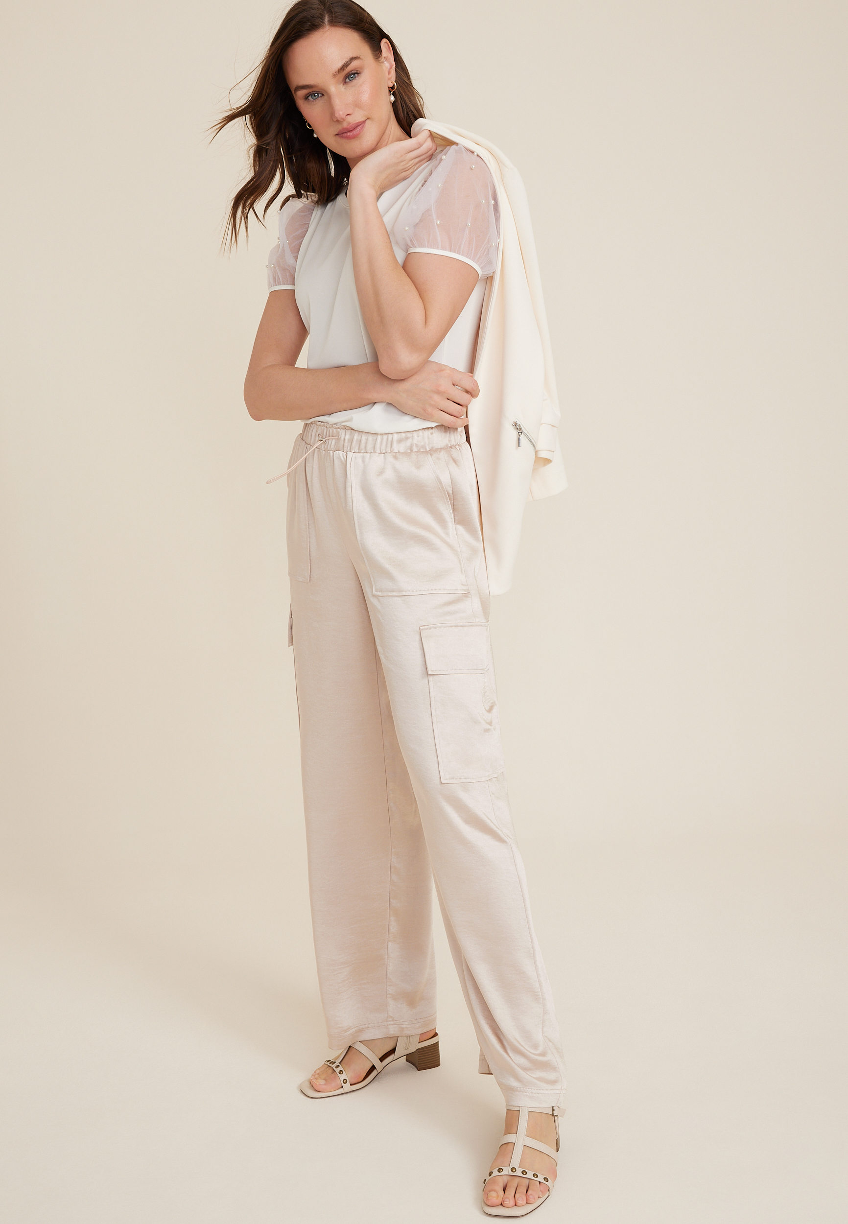 Satin High Rise Cargo Wide Leg Pant, C4681, large