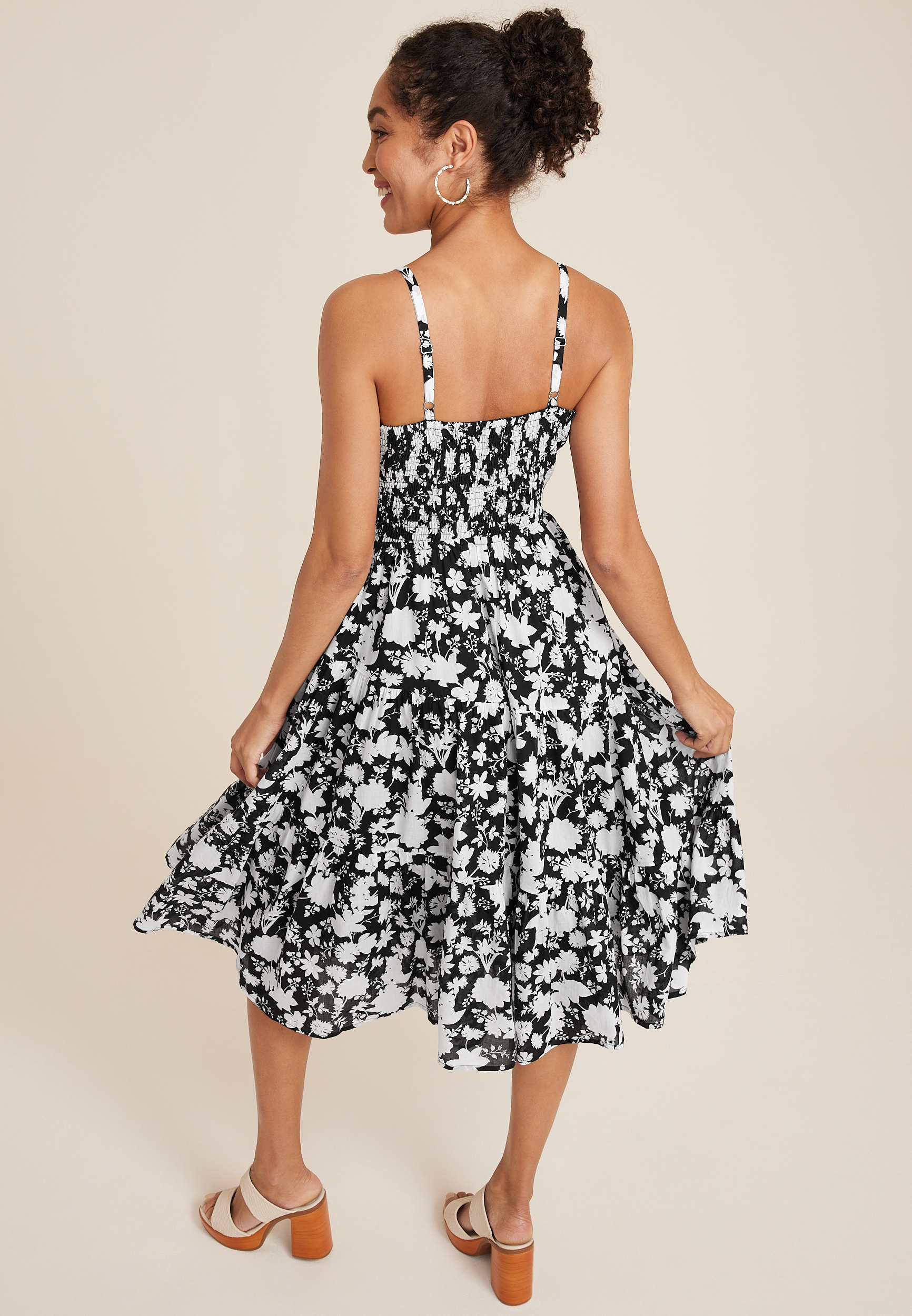 Floral Smocked Midi Dress, BLACK COMBO, large