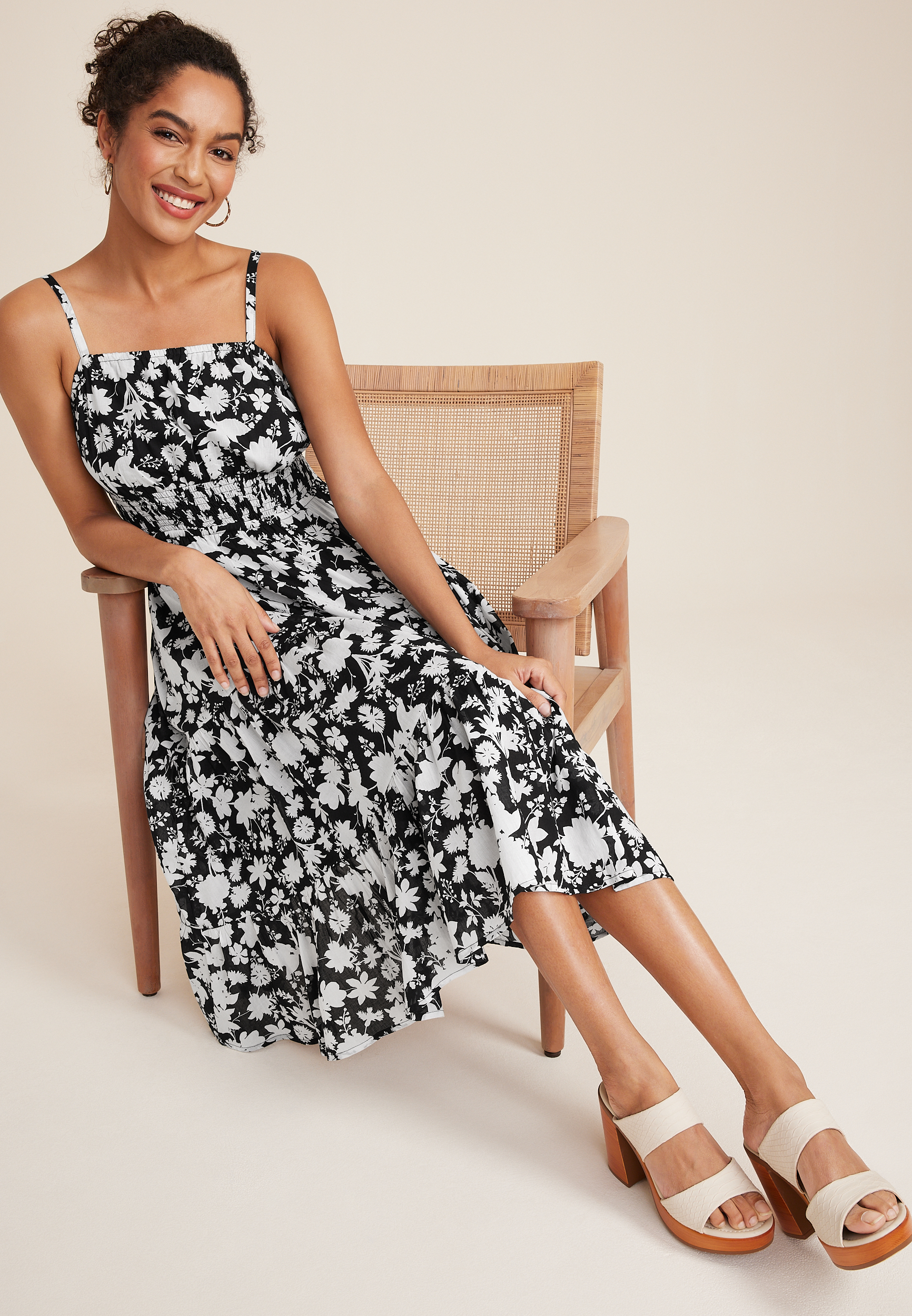 Floral Smocked Midi Dress, BLACK COMBO, large