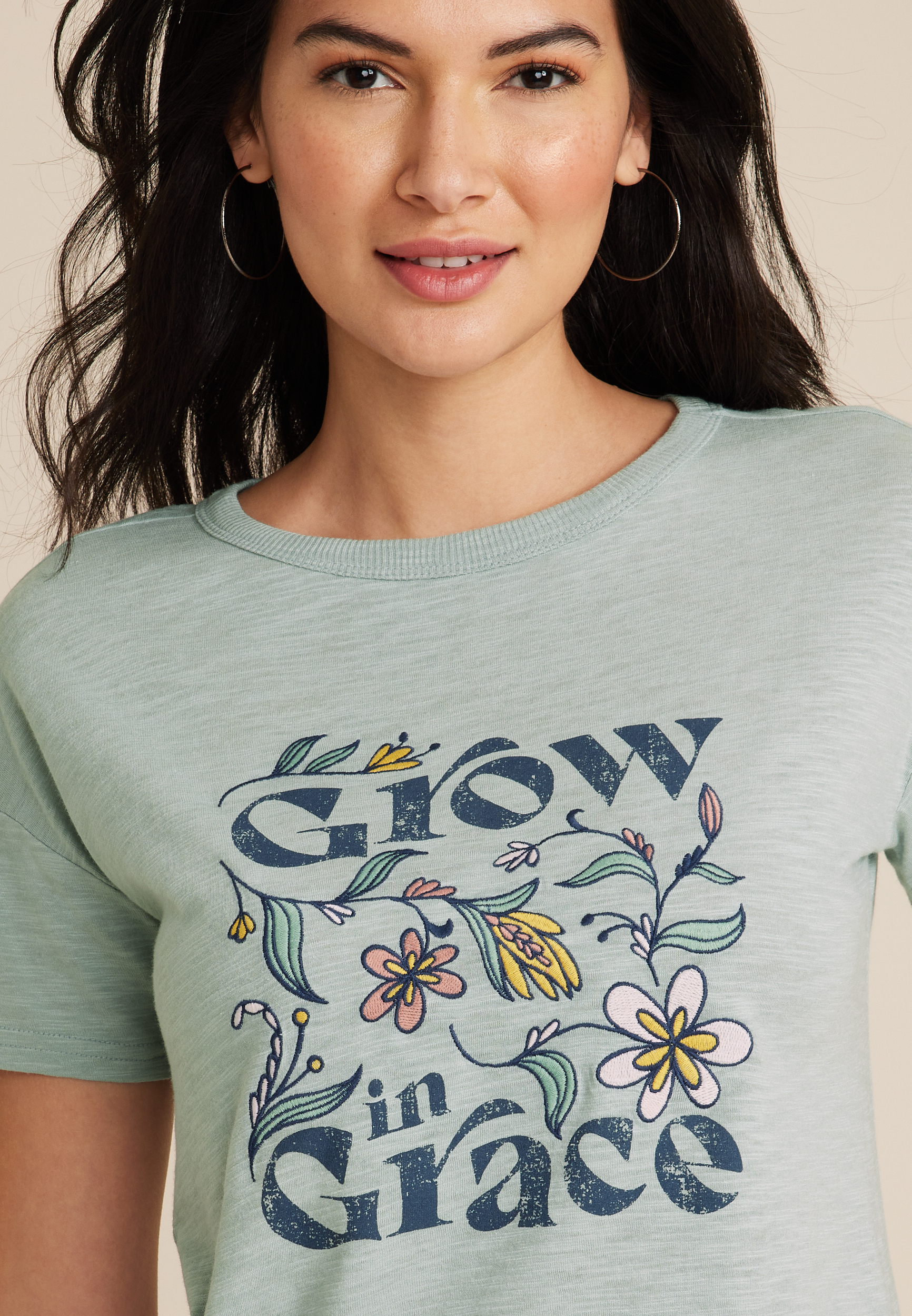 Grow In Grace Embroidered Floral Classic Fit Graphic Tee, C6613, large