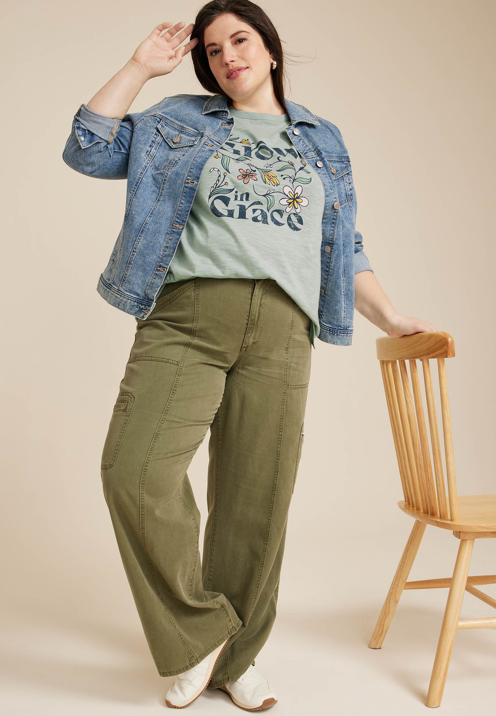 Plus Size Grow In Grace Embroidered Floral Classic Fit Graphic Tee, JADE MIST, large