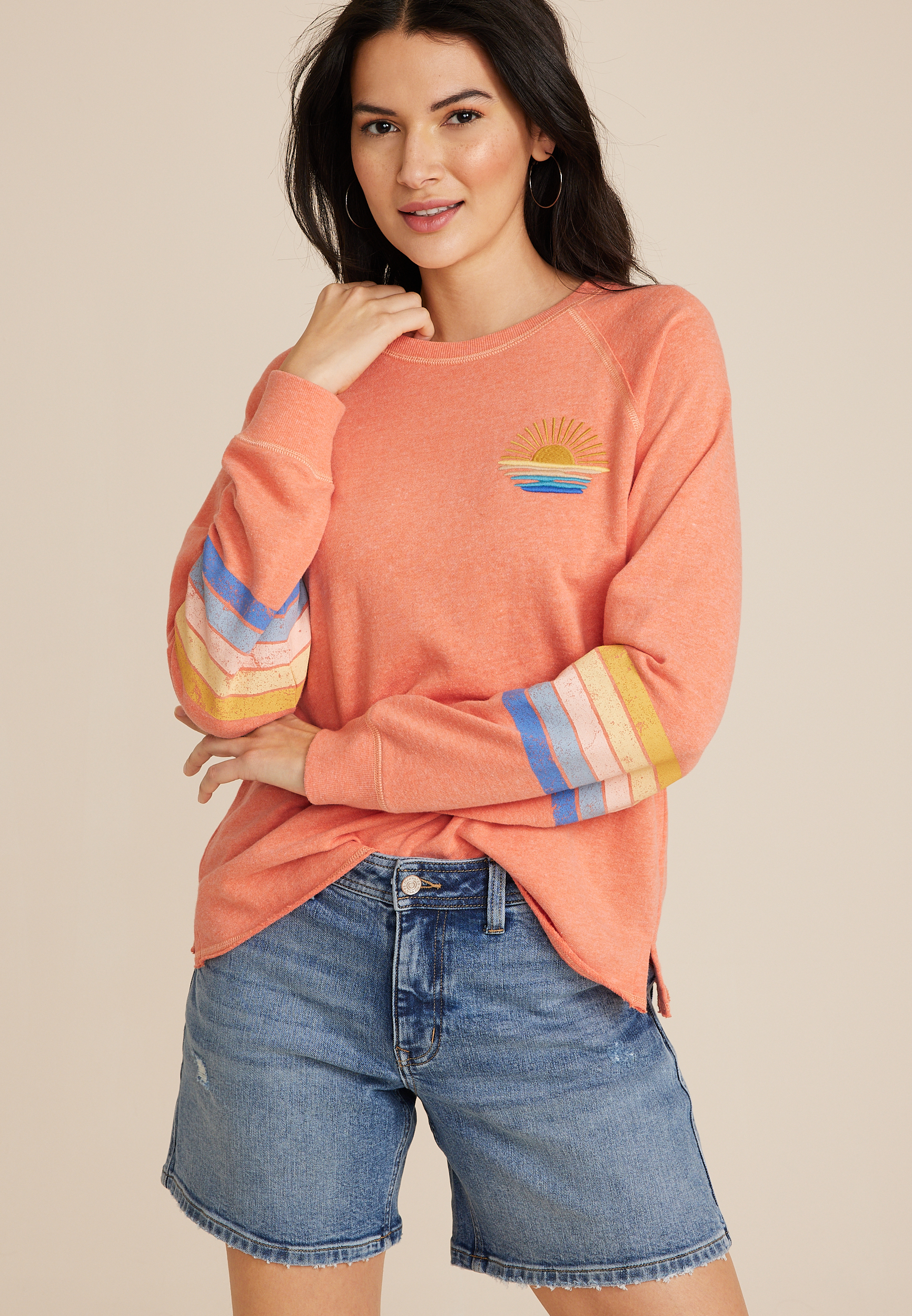 Sun Embroidered French Terry Relaxed Fit Sweatshirt, C283, large