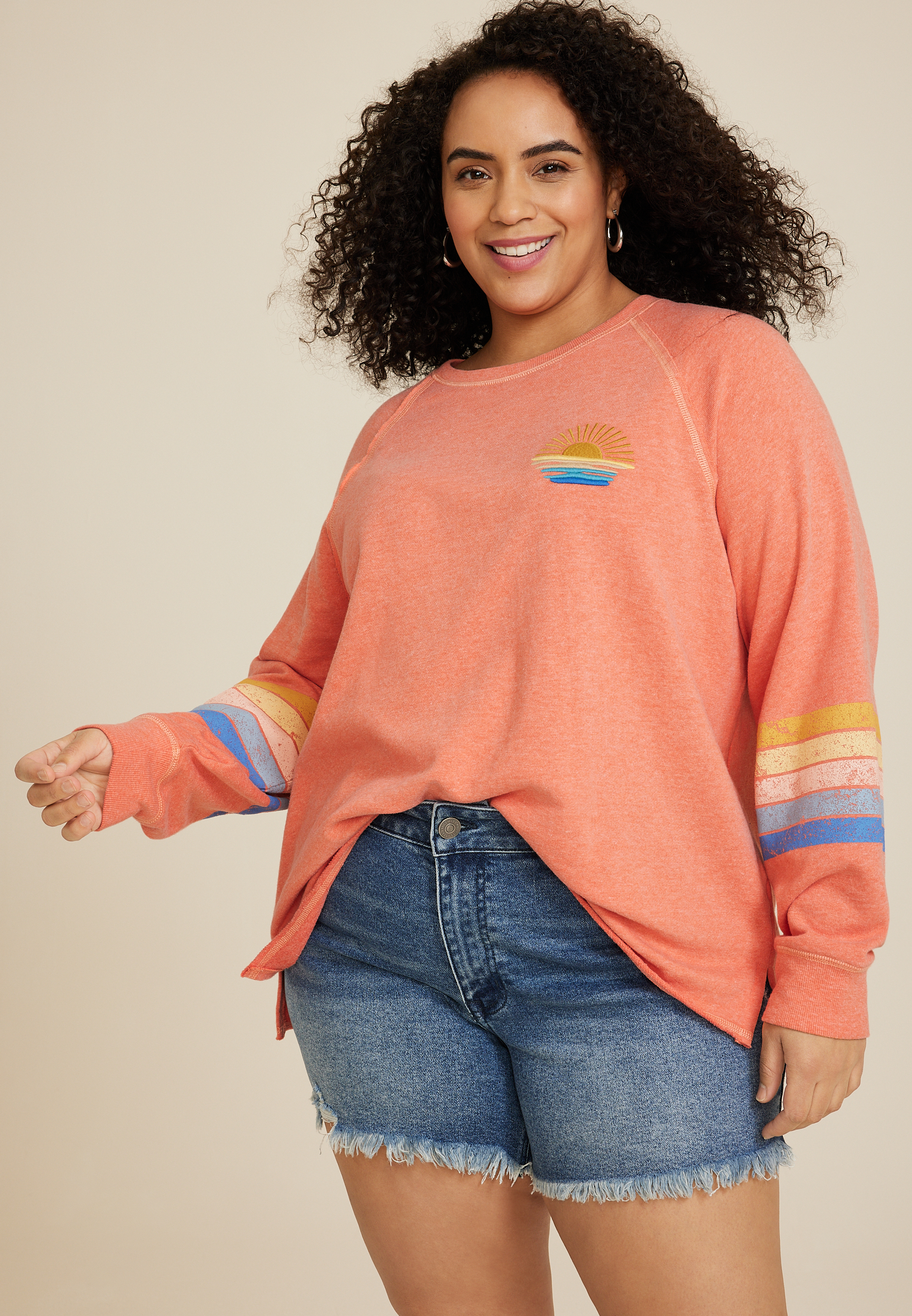Plus Size Sun Embroidered French Terry Sweatshirt, C283, large