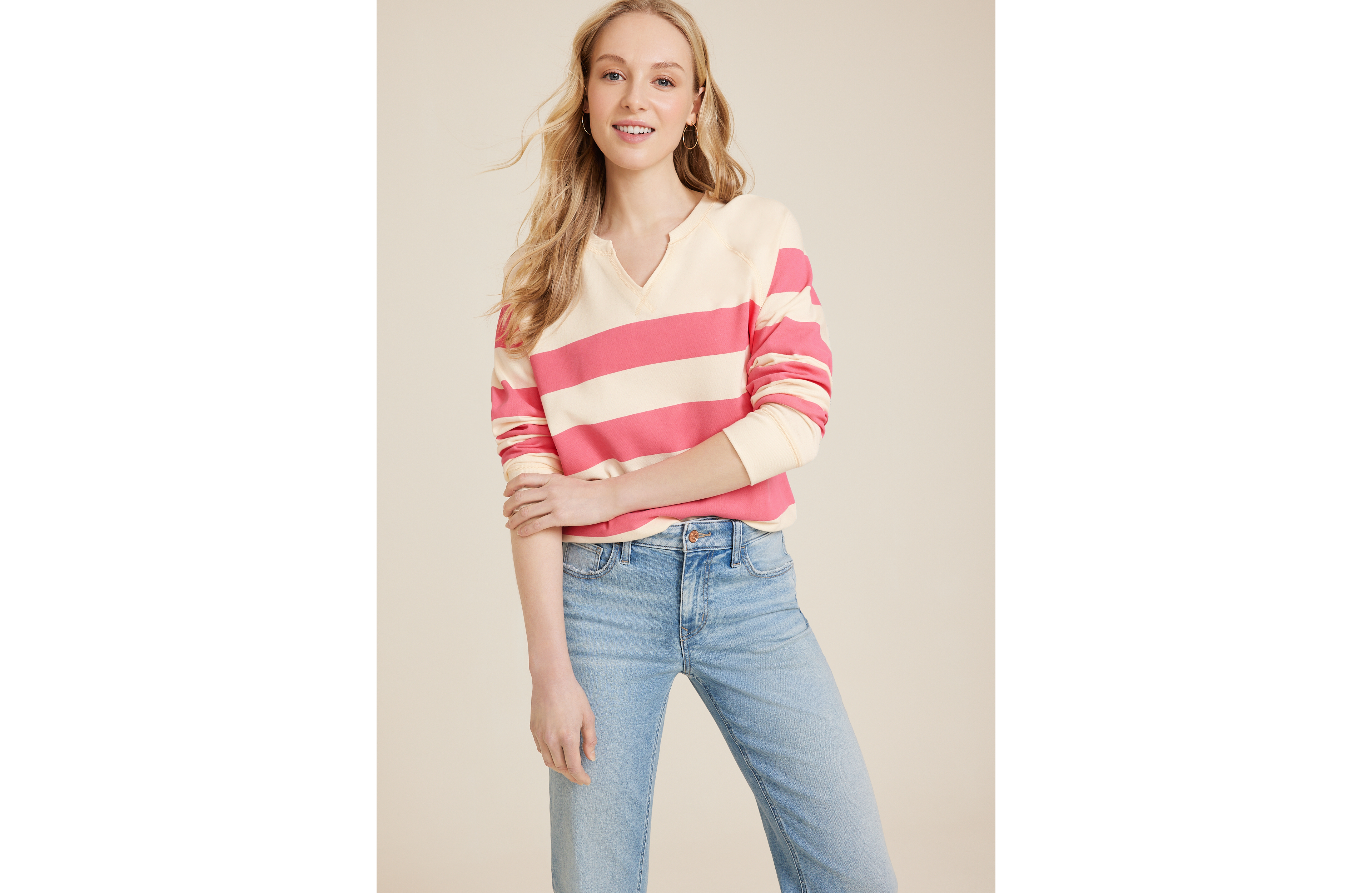 Striped Notch Neck Sweatshirt