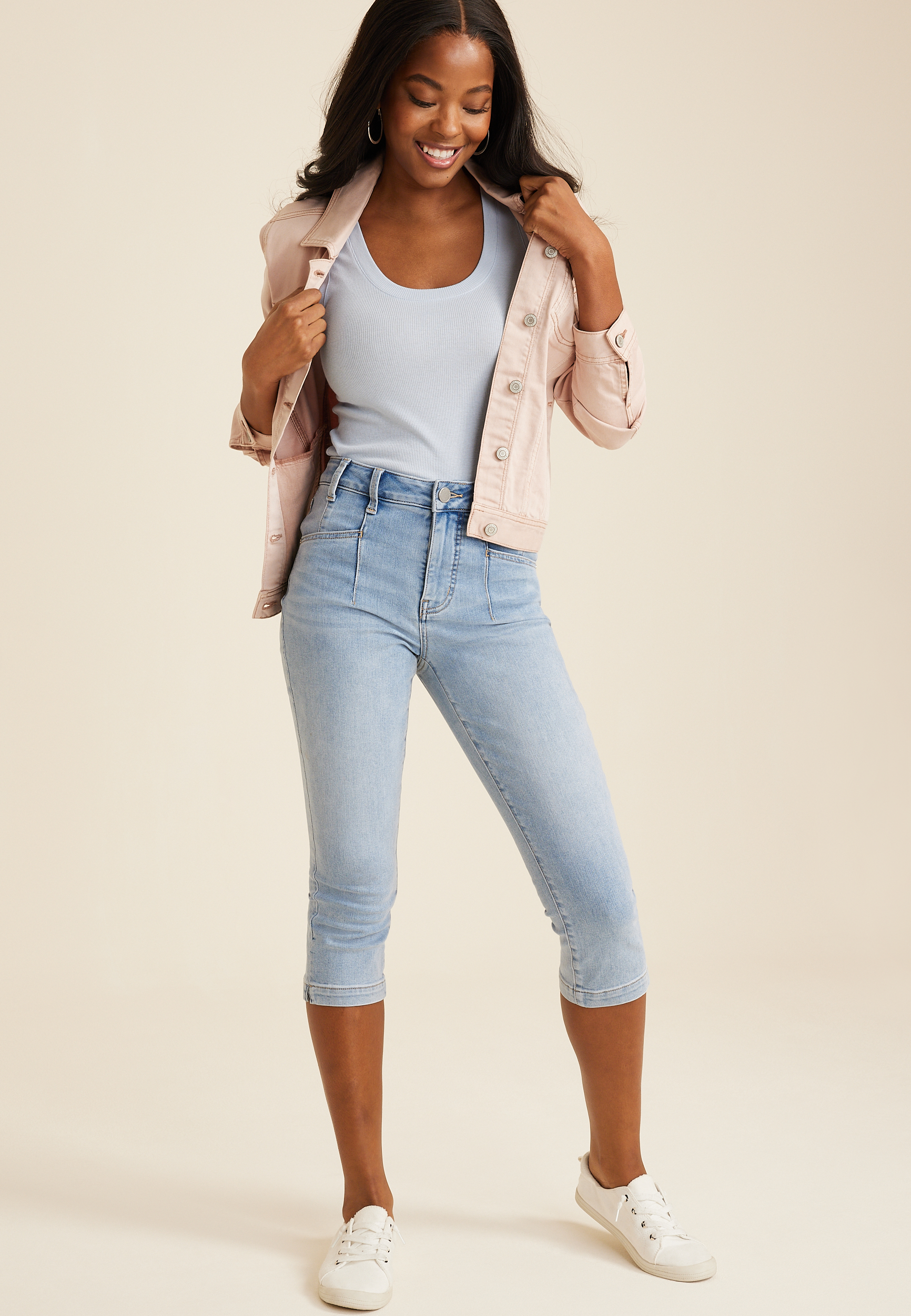 Everflex&trade; High Rise Seamed Waist Cropped Jean, LIGHT SANDBLAST, large