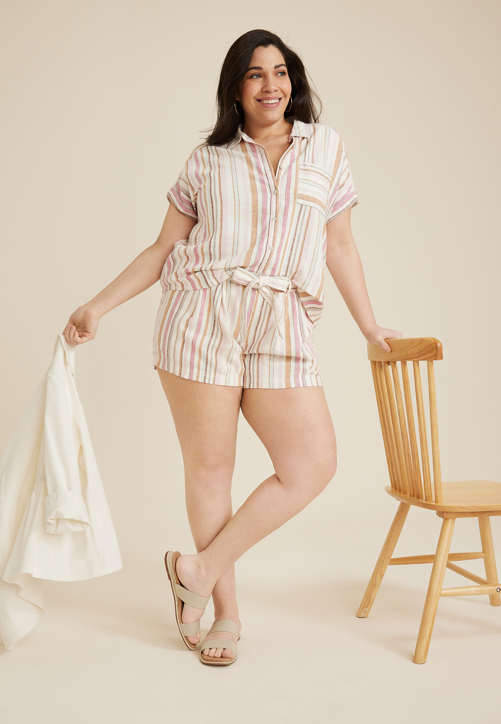 Plus Size Striped Linen Belted High Rise 4in Short, PINK COMBO, large