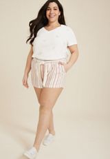 Plus Size Striped Linen Belted High Rise 4in Short, PINK COMBO, small
