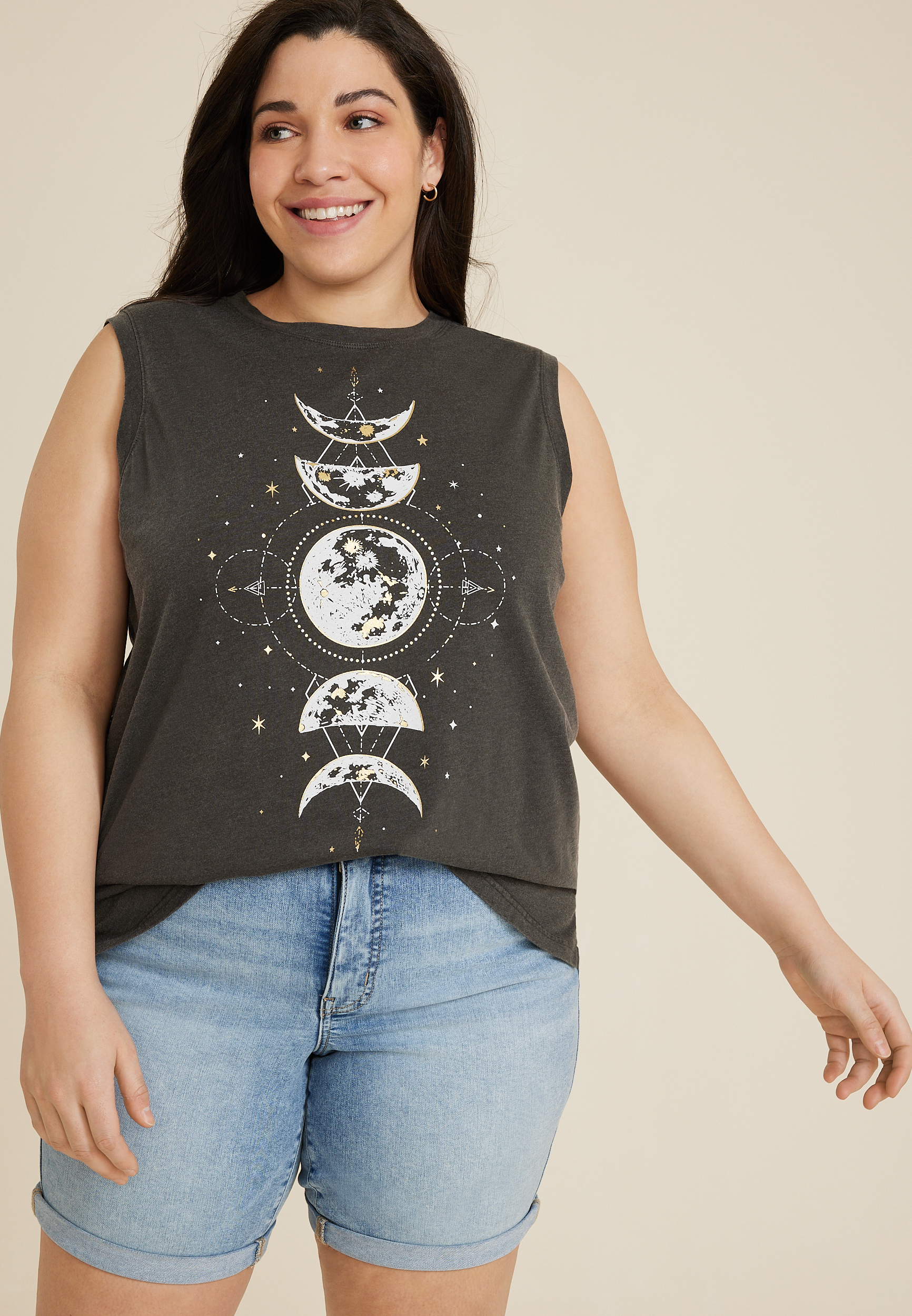 Plus Size Celestial Moon Graphic Tank, BLACK, large