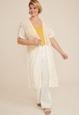 Plus Size Embroidered Mesh Kimono, ECRU, small