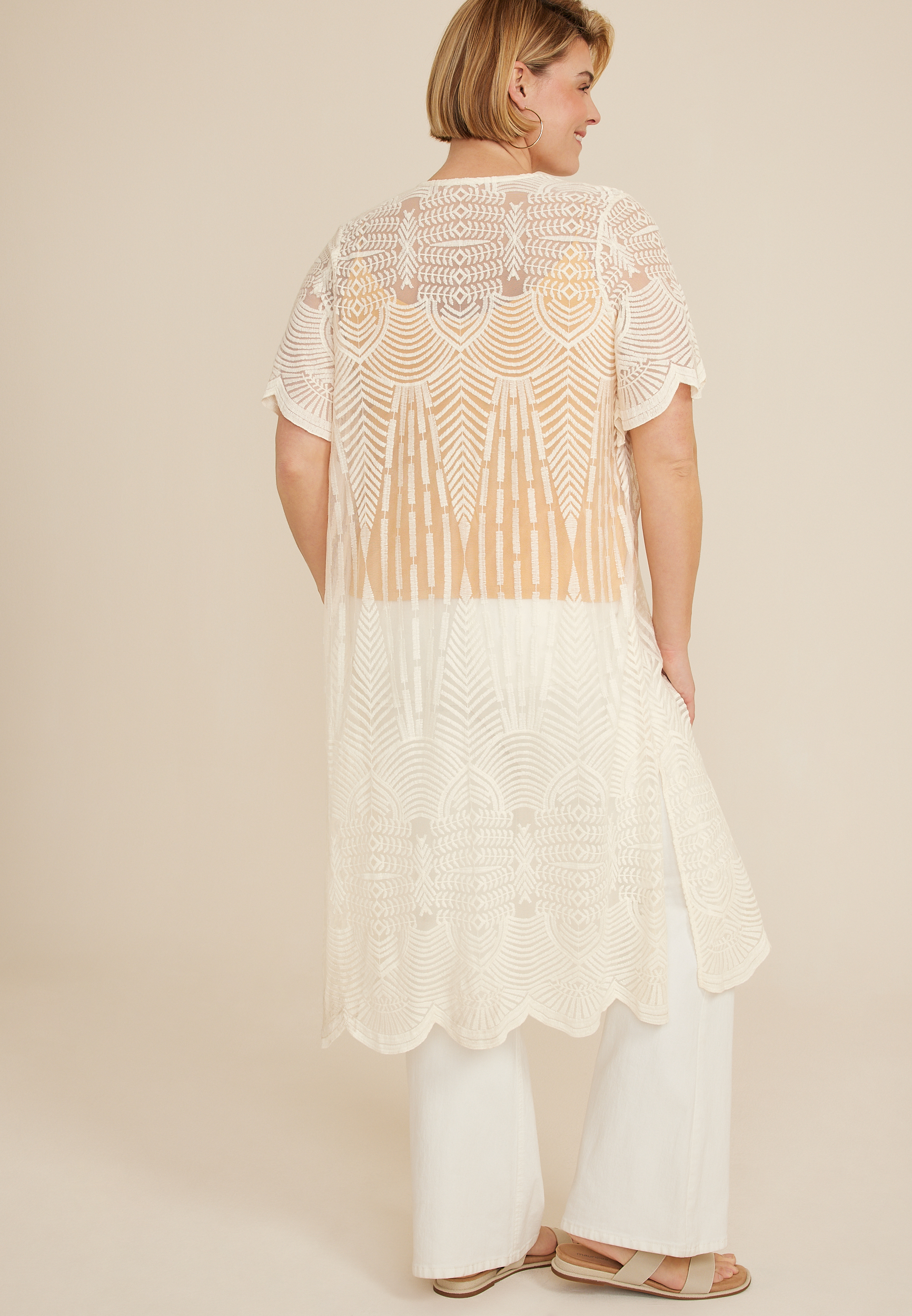 Plus Size Embroidered Mesh Kimono, ECRU, large