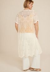 Plus Size Embroidered Mesh Kimono, ECRU, small