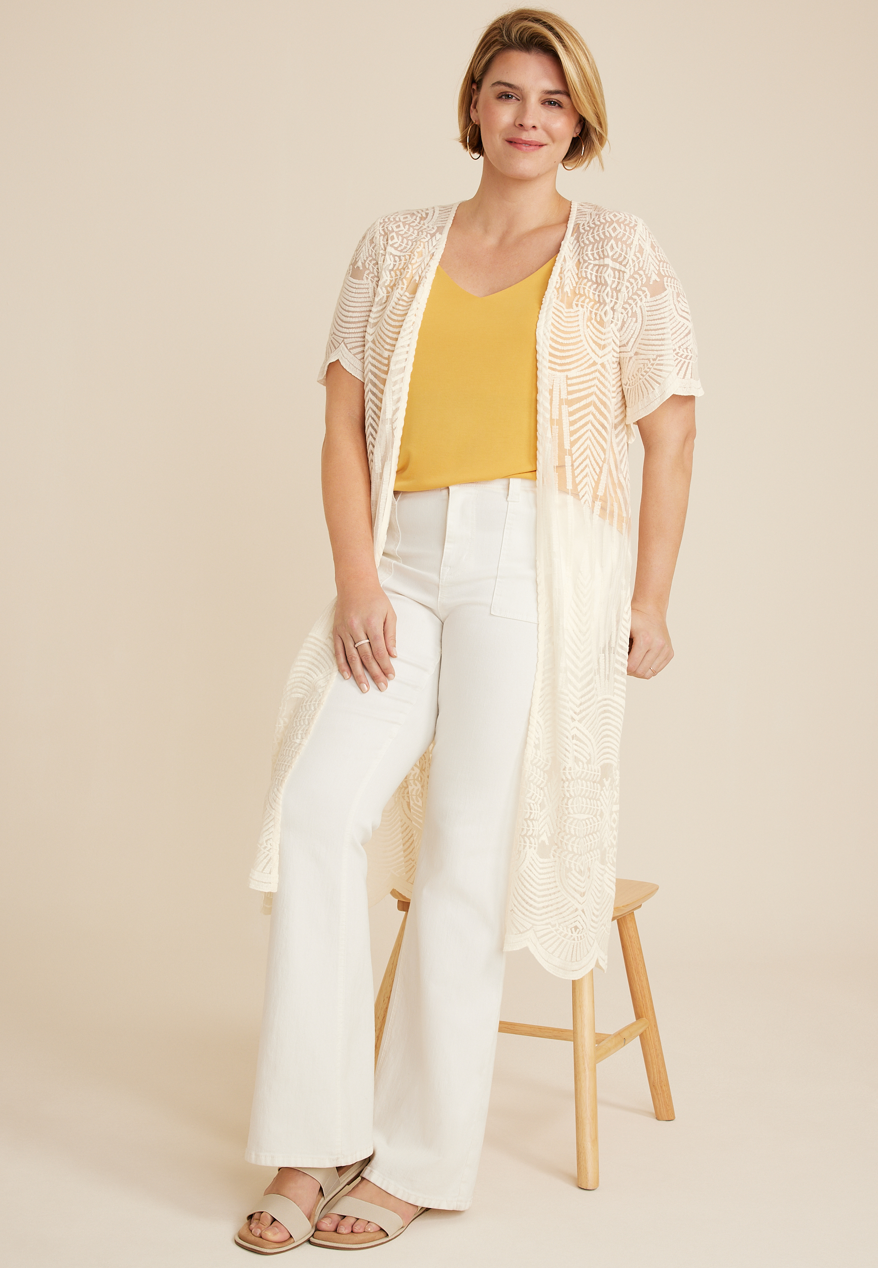 Plus Size Embroidered Mesh Kimono, ECRU, large