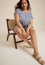 Plus Size Delton Ikat Zipper Back Blouse, BLUE GEMSTONE COMBO, small