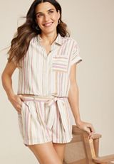 Striped Linen Utility Dolman Button Down Shirt, MULTI, small
