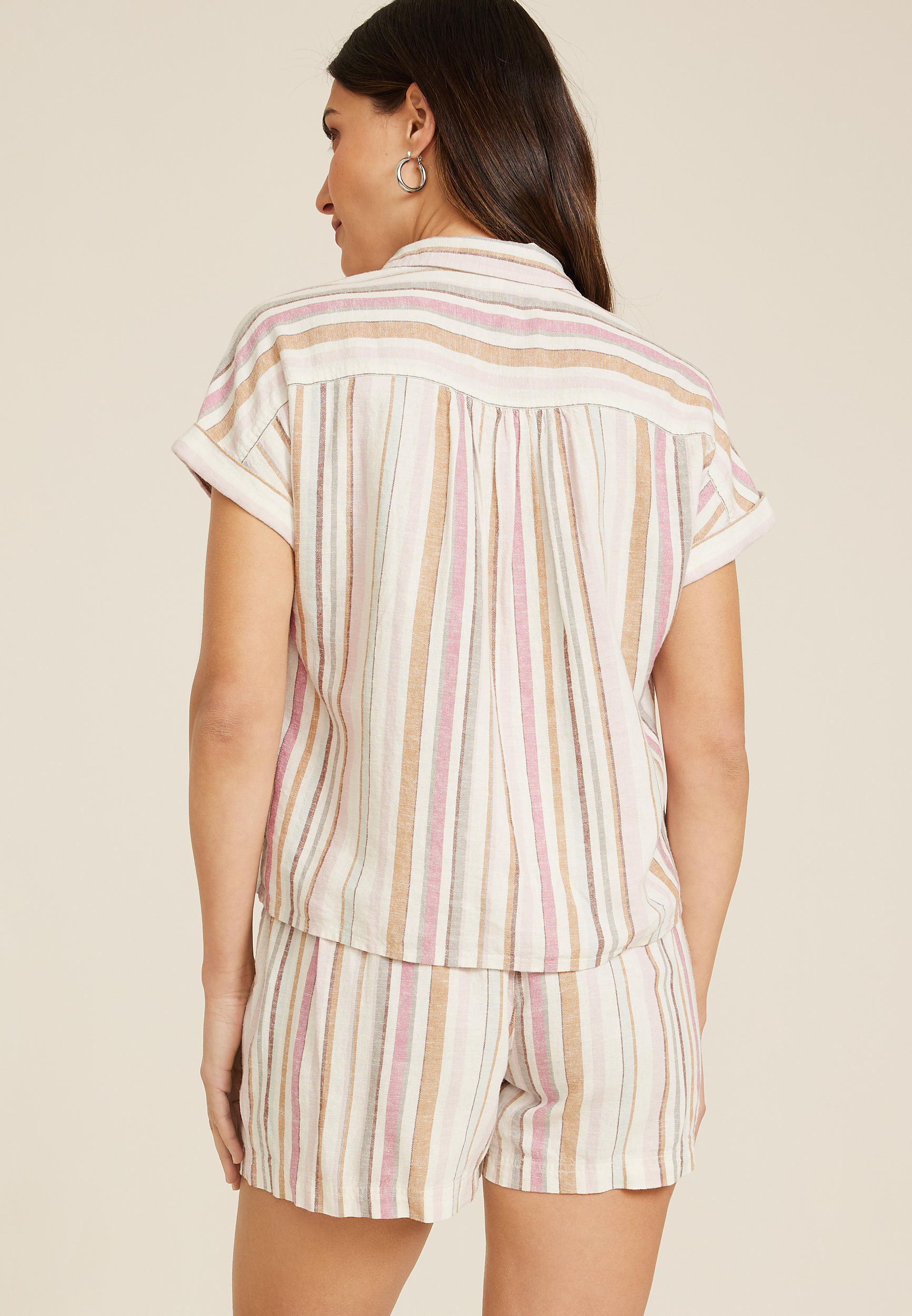 Striped Linen Utility Dolman Button Down Shirt, MULTI, large
