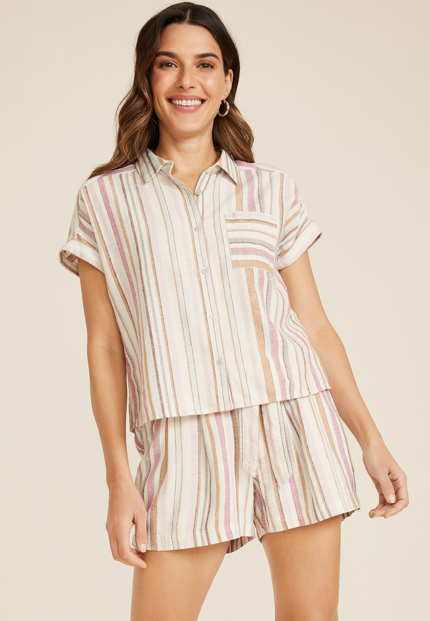 Striped Linen Utility Dolman Button Down Shirt, MULTI, large