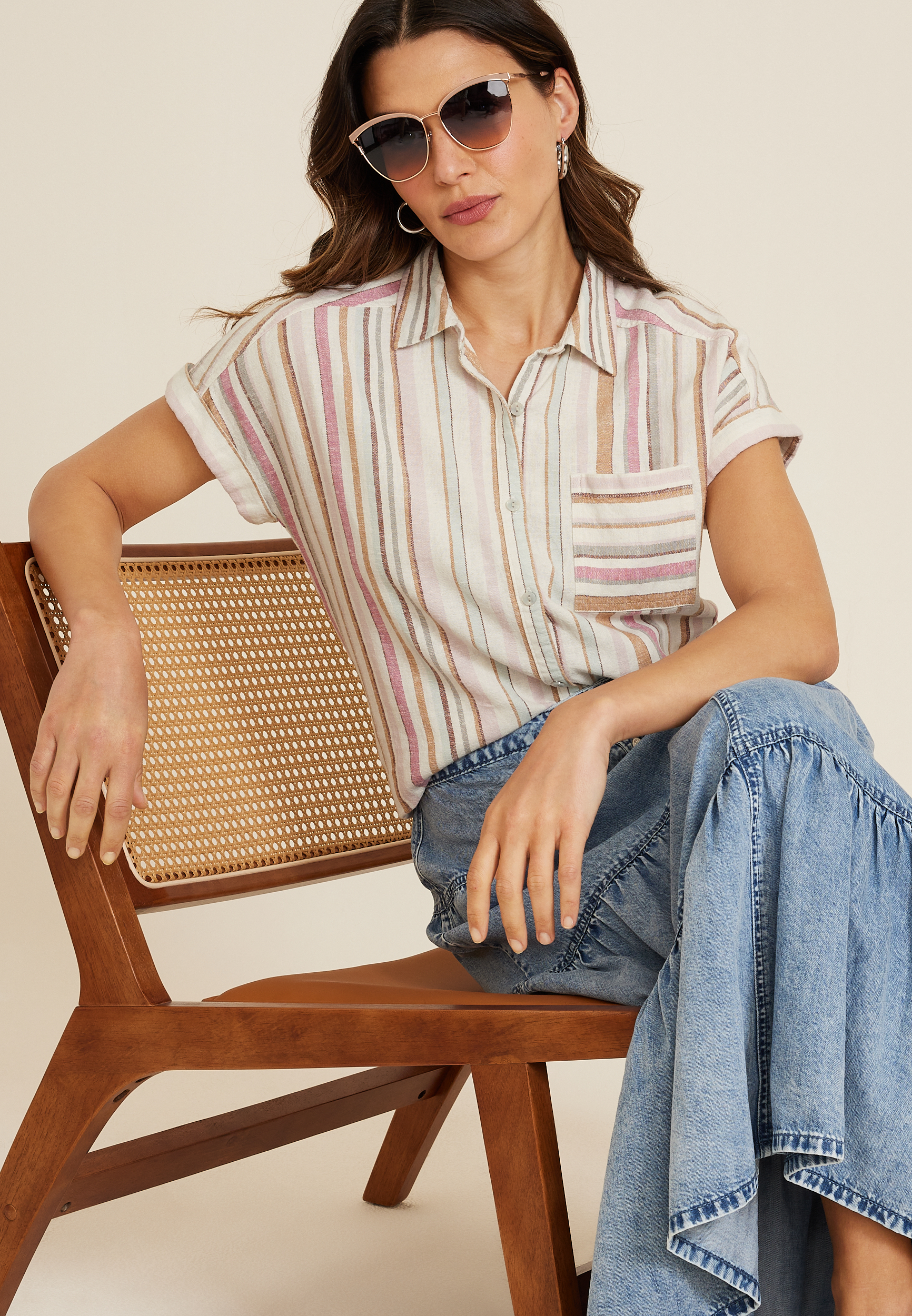 Striped Linen Utility Dolman Button Down Shirt, MULTI, large