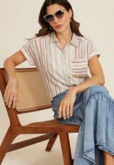 Striped Linen Utility Dolman Button Down Shirt, MULTI, small