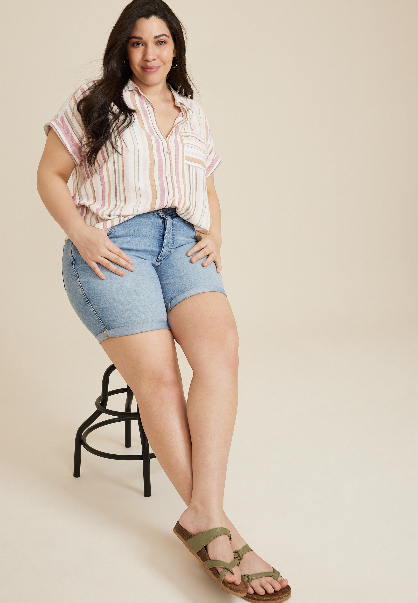 Plus Size Striped Utility Dolman Button Down Shirt, MULTI, large