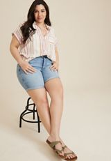 Plus Size Striped Utility Dolman Button Down Shirt, MULTI, small