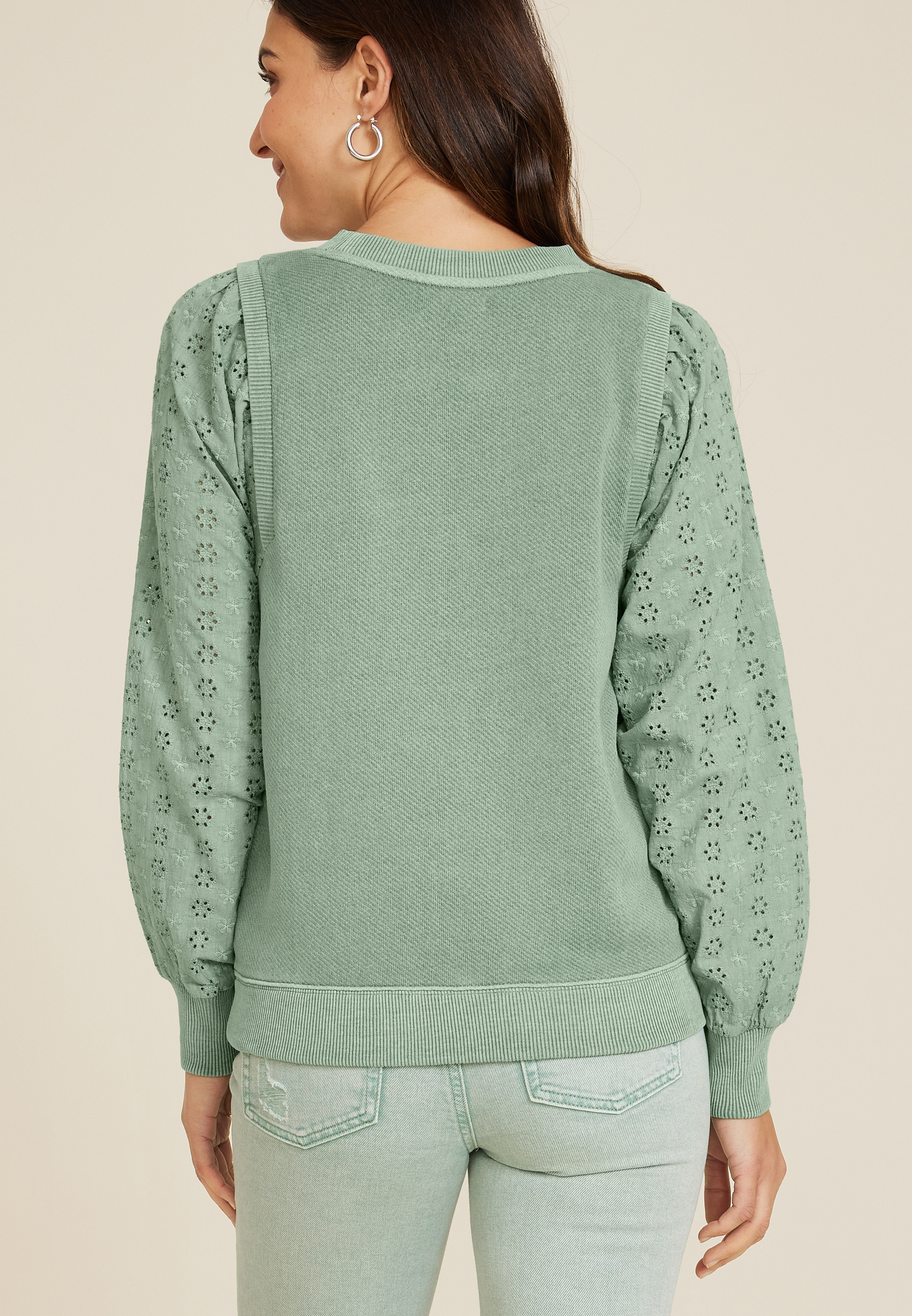 Layered Eyelet Sleeve Pullover, C9516, large