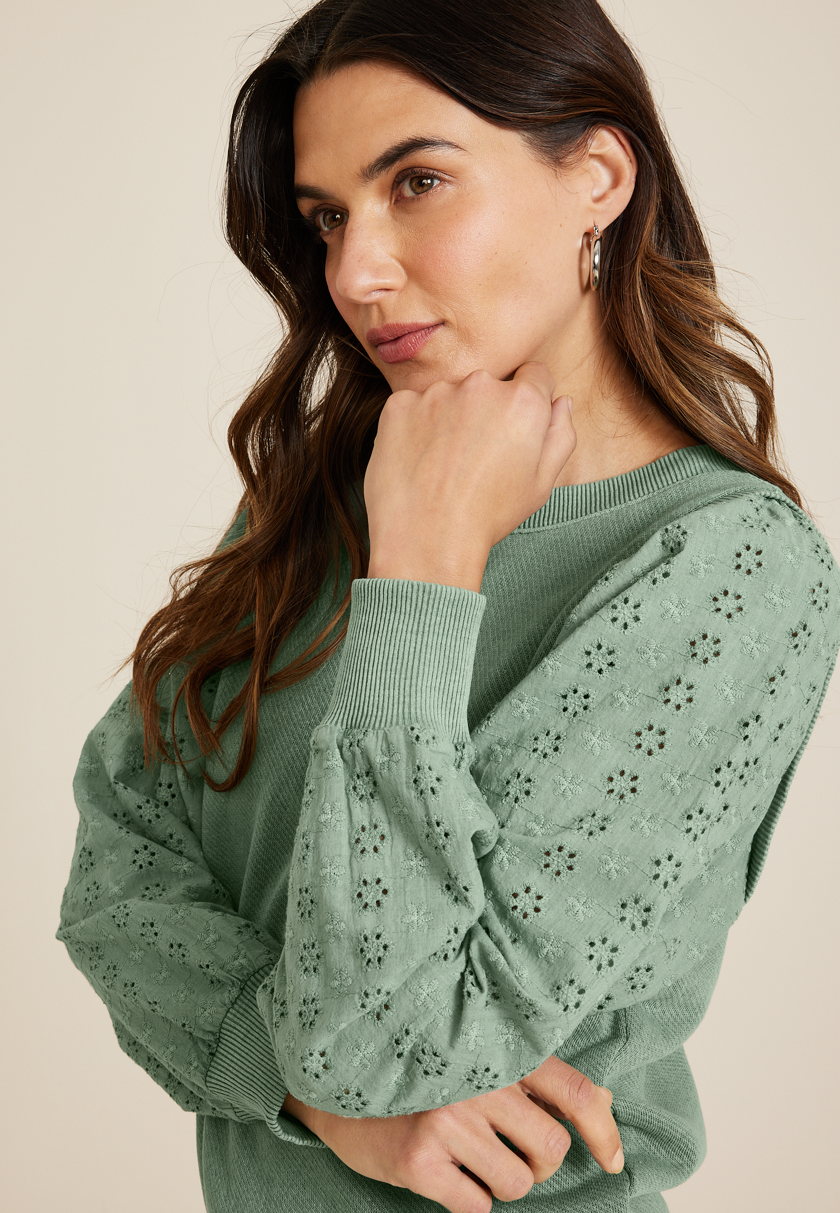 Layered Eyelet Sleeve Pullover, C9516, large