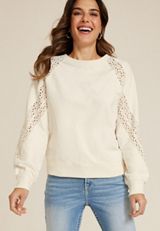 Eyelet Sleeve Sweatshirt, ECRU, small