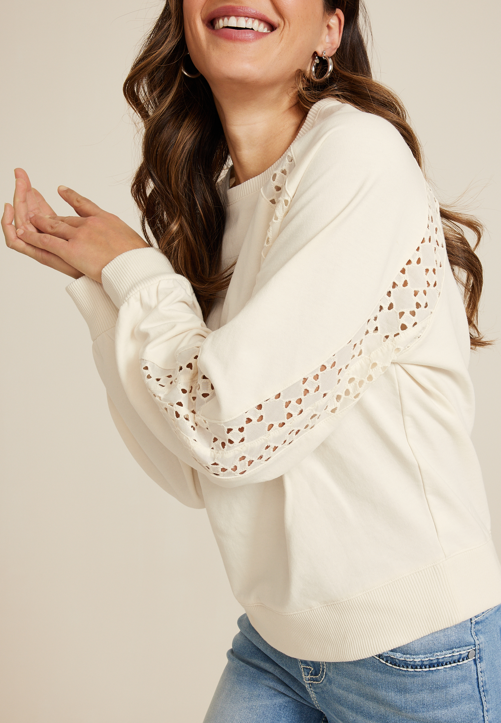 Eyelet Sleeve Sweatshirt, ECRU, large