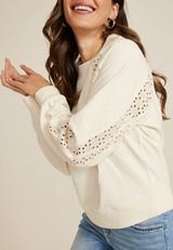 Eyelet Sleeve Sweatshirt, ECRU, small