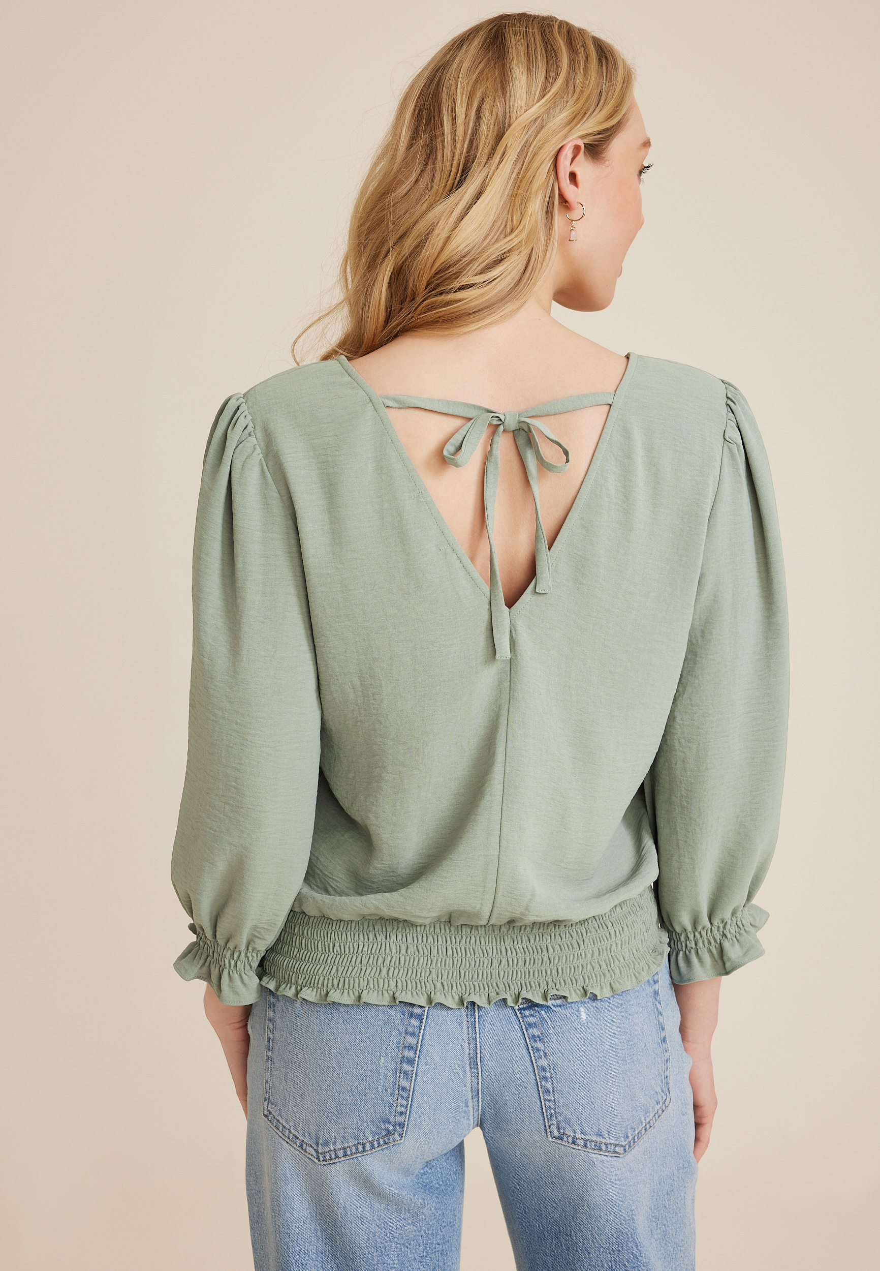 V Neck Tie Back Blouse, SAGE, large