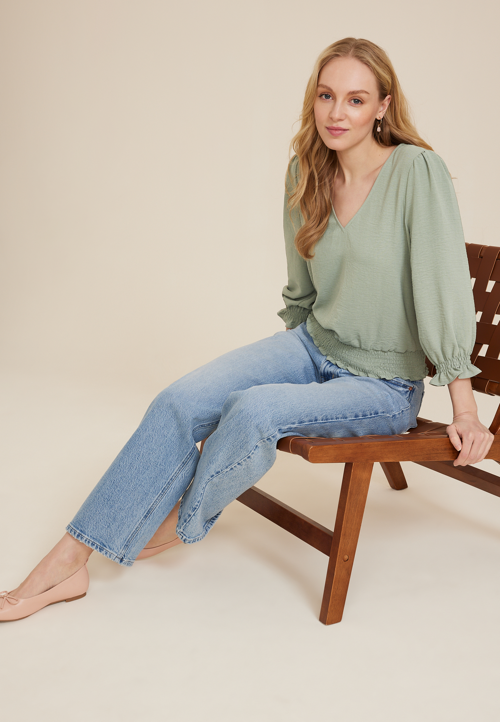 V Neck Tie Back Blouse, SAGE, large