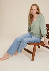 V Neck Tie Back Blouse, SAGE, small