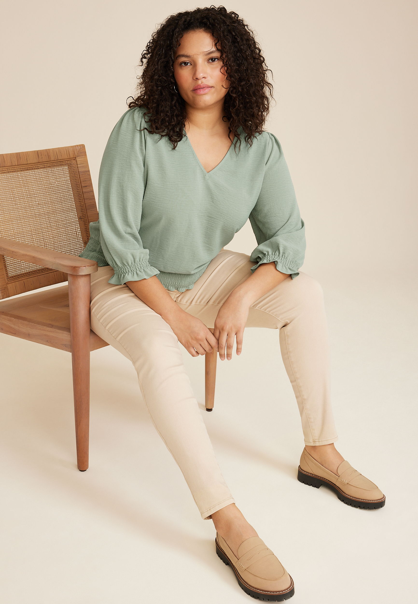Plus Size V Neck Tie Back Blouse, SAGE, large