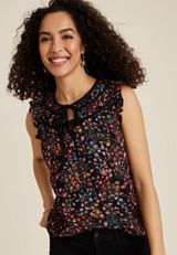 Ditsy Floral Tie Front Tank Top, BLACK COMBO, small