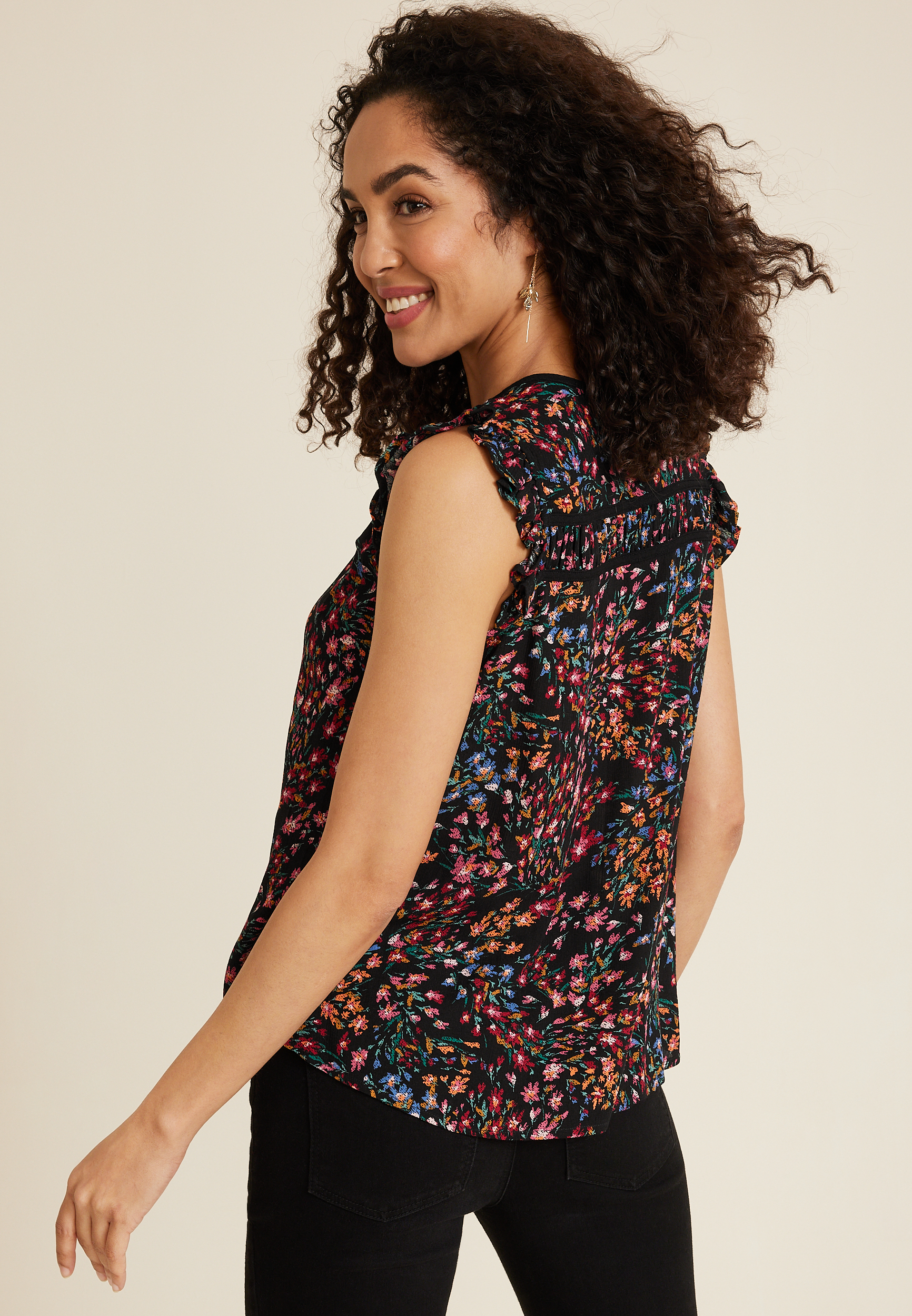 Ditsy Floral Tie Front Tank Top, BLACK COMBO, large