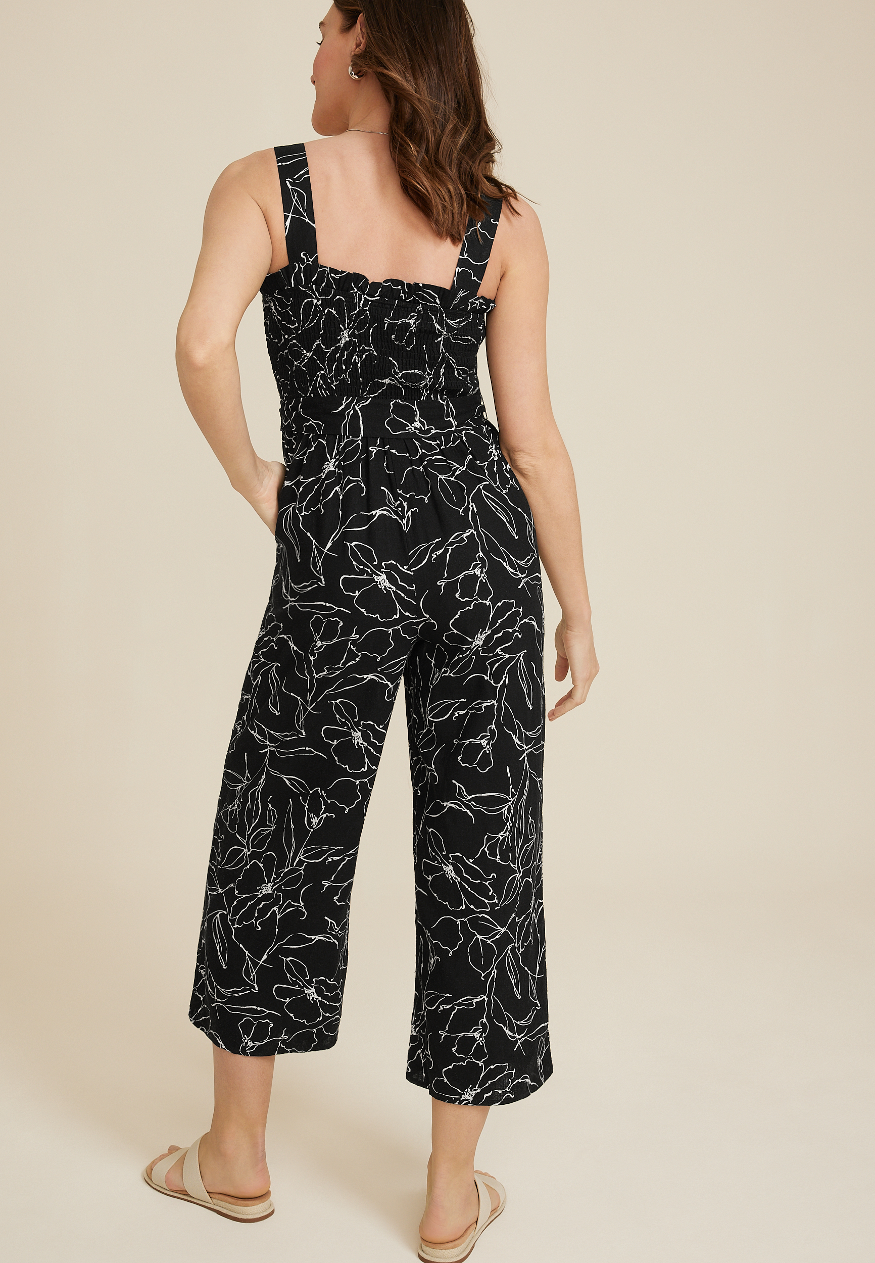 Floral Linen Smocked Jumpsuit, C1756, large