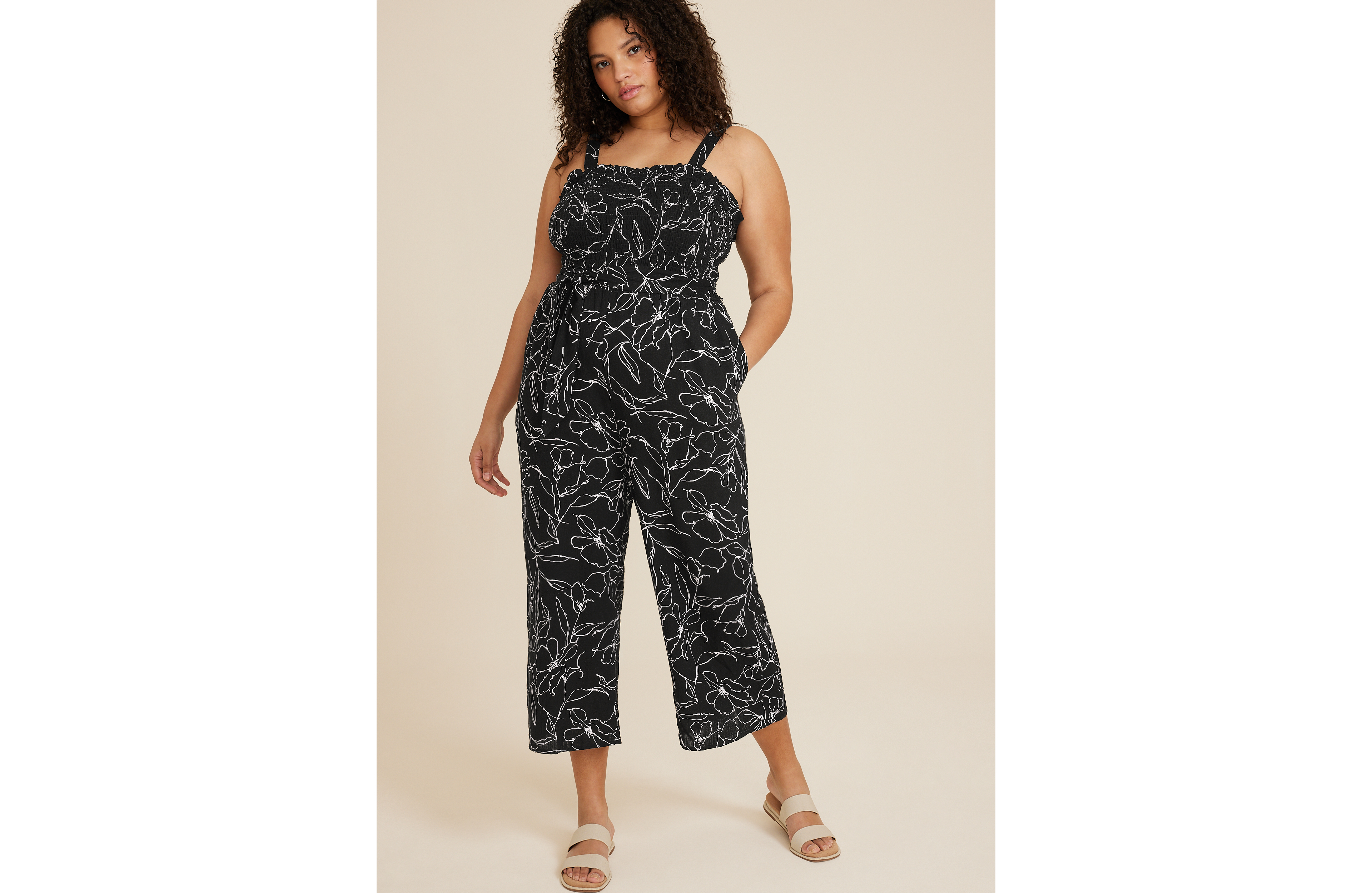 Plus Floral Linen Smocked Jumpsuit