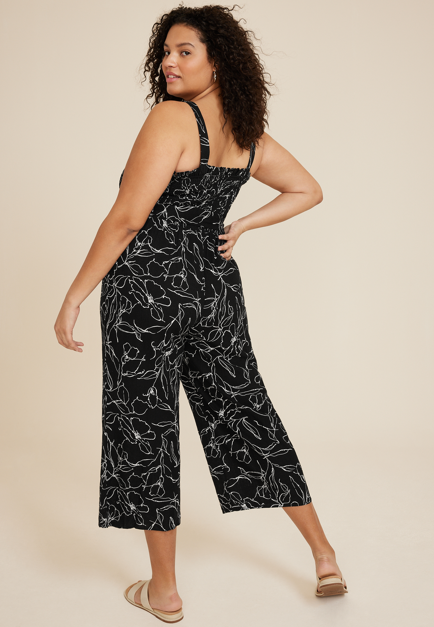 Plus Size Floral Linen Smocked Jumpsuit, C1756, large