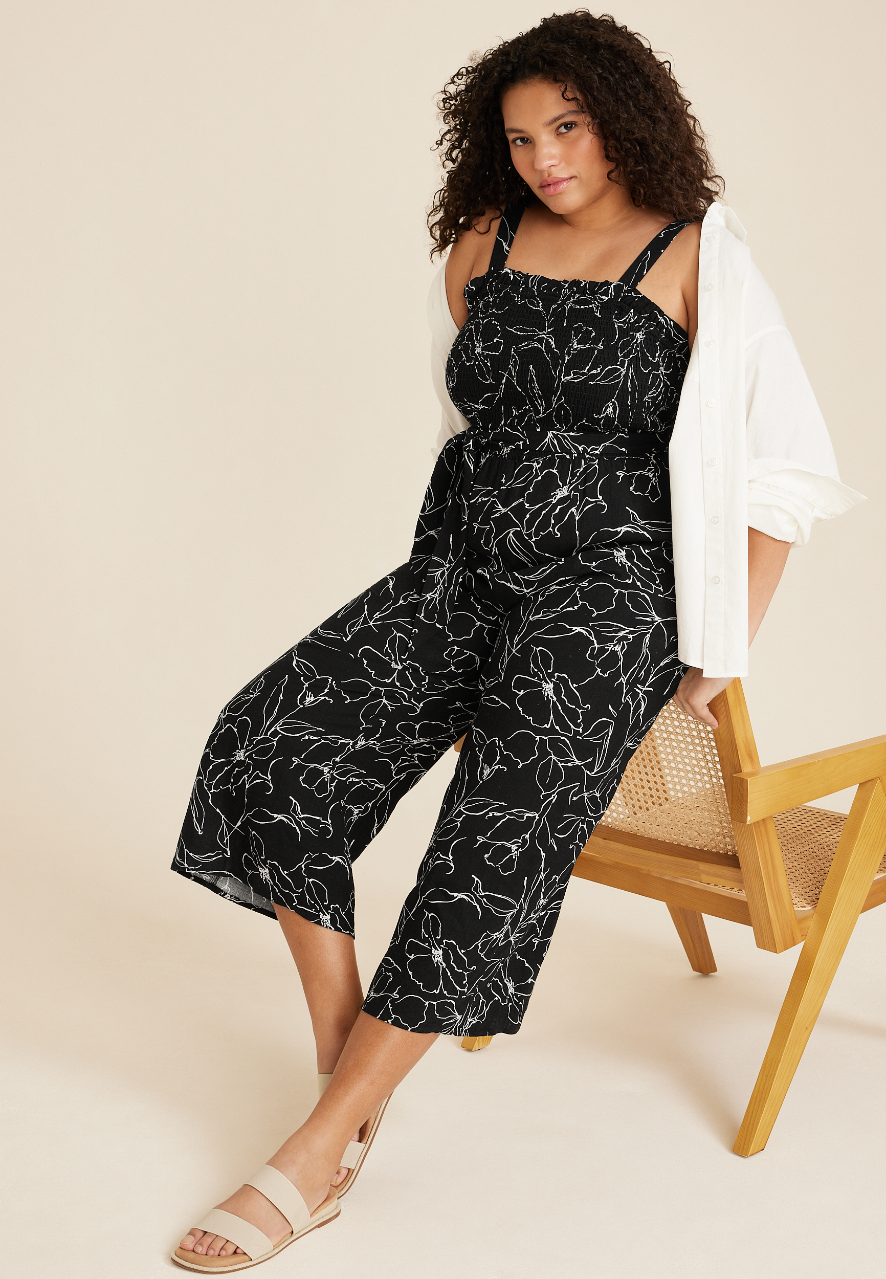 Plus Size Floral Linen Smocked Jumpsuit, C1756, large