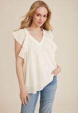 Flutter Sleeve V Neck Blouse, SOFT WHITE, small