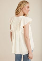Flutter Sleeve V Neck Blouse, SOFT WHITE, small