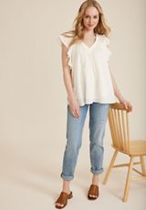 Flutter Sleeve V Neck Blouse, SOFT WHITE, small