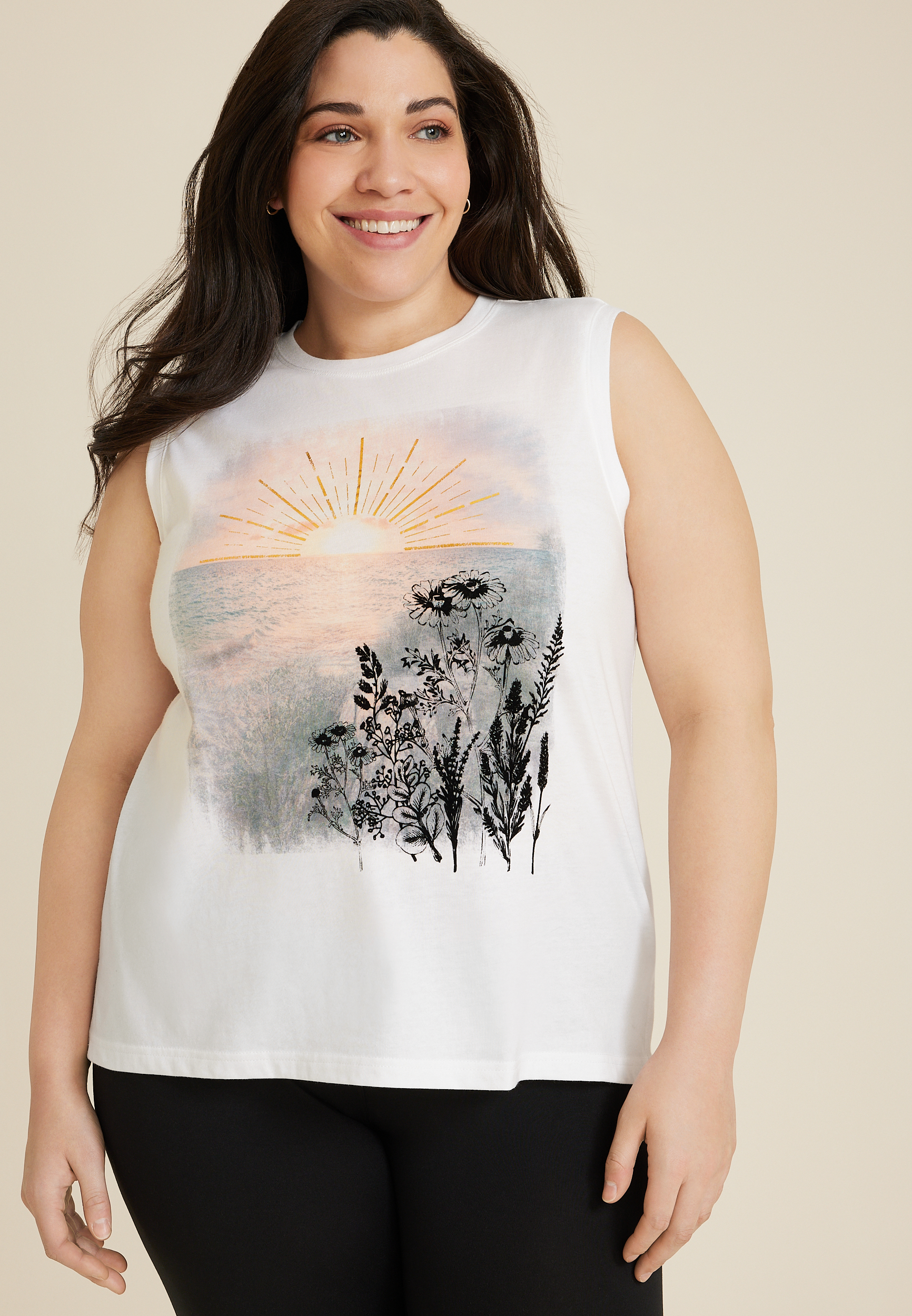 Plus Size Scenic Sunrise Floral Graphic Tank, C4673, large