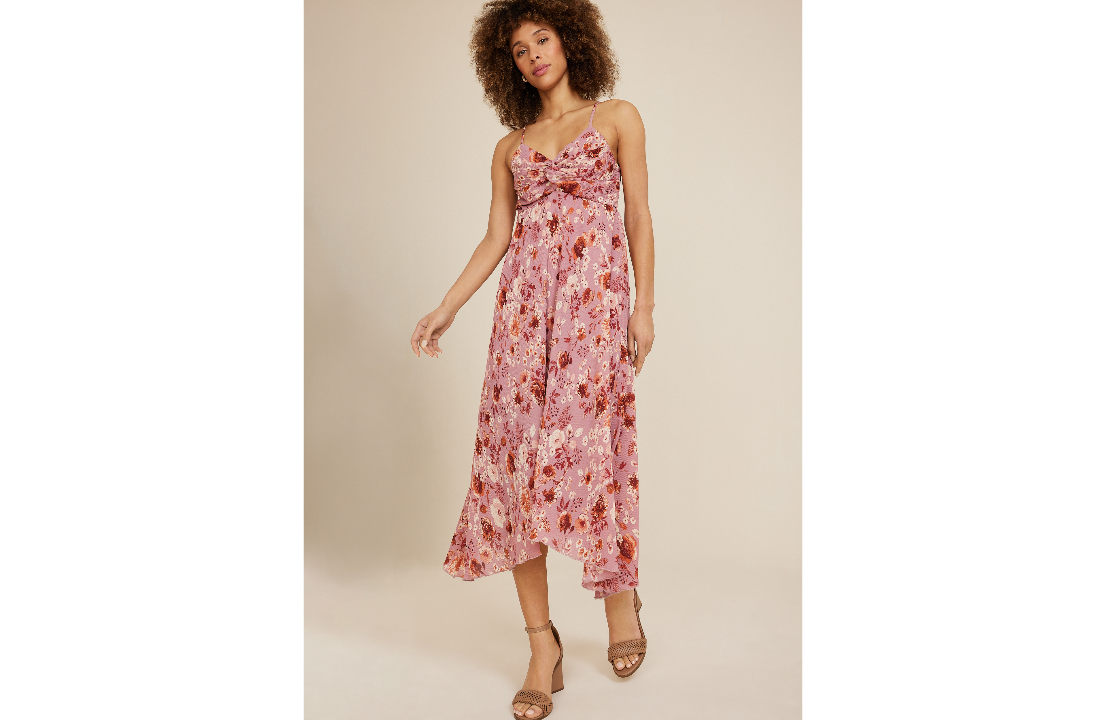 Floral Plisse Twist Front Midi Dress