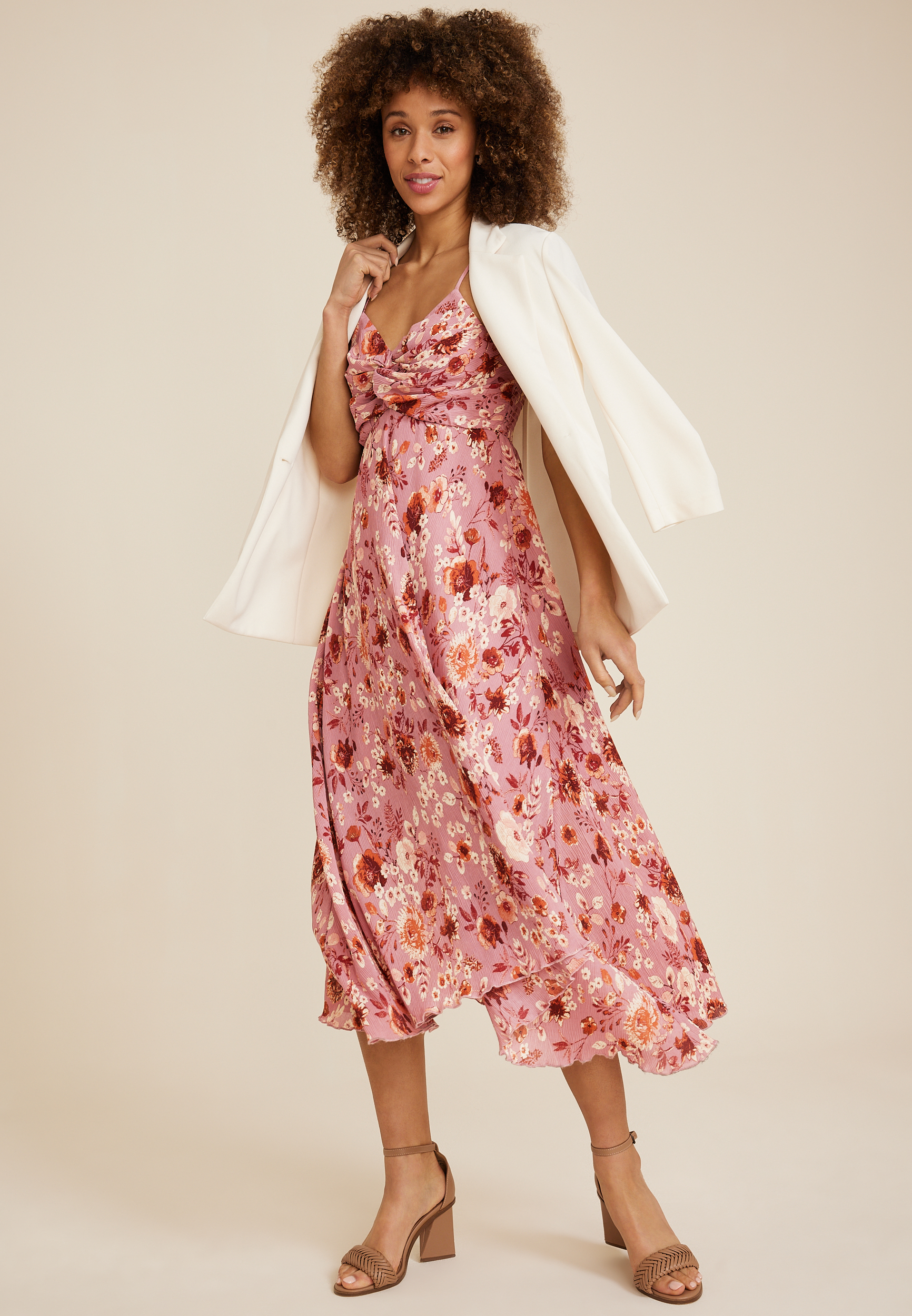Floral Plisse Twist Front Midi Dress, C4464, large