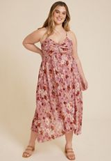 Plus Size Floral Plisse Twist Front Midi Dress, C4464, small