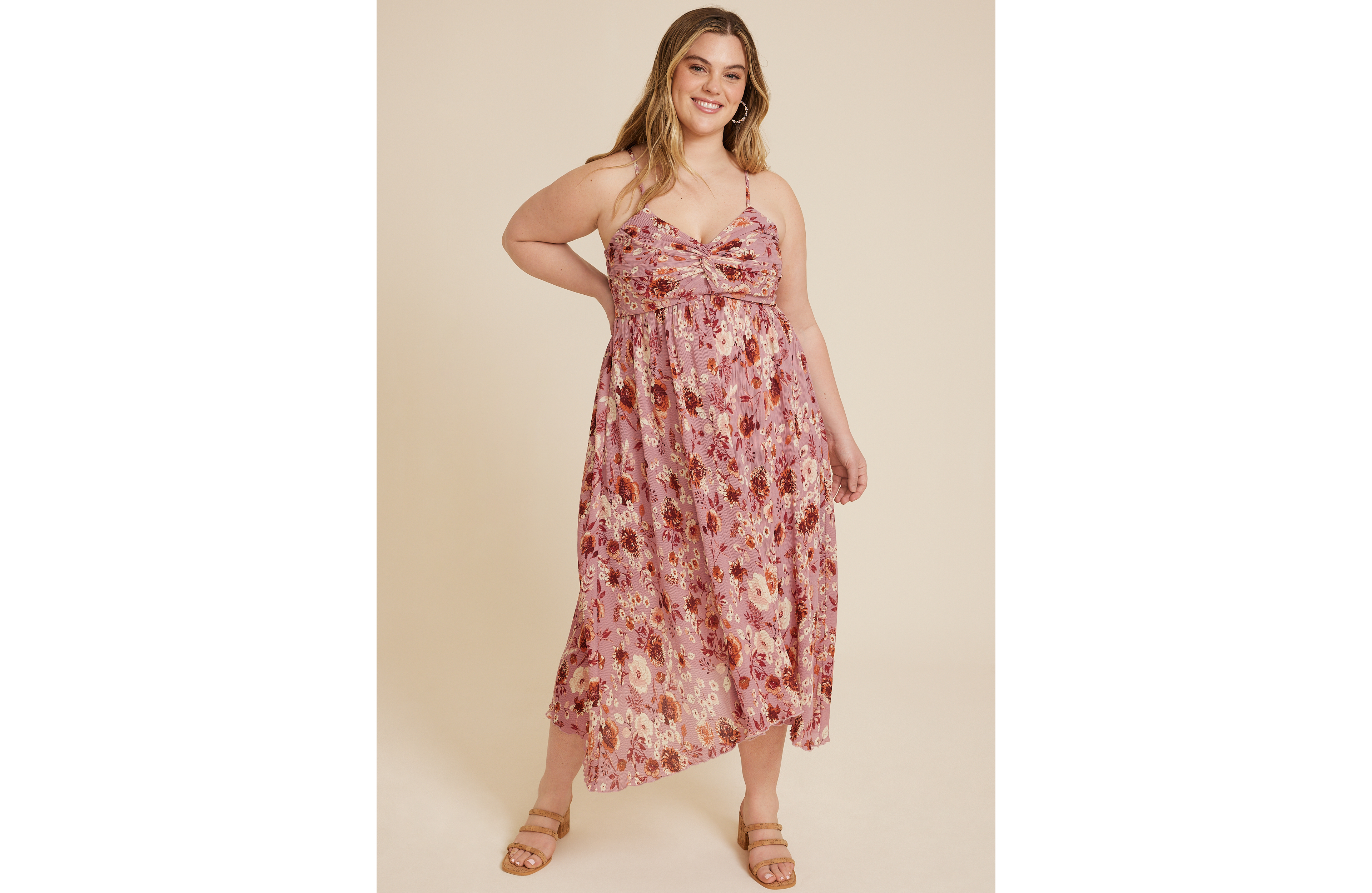 Plus Floral Plisse Twist Front Midi Dress